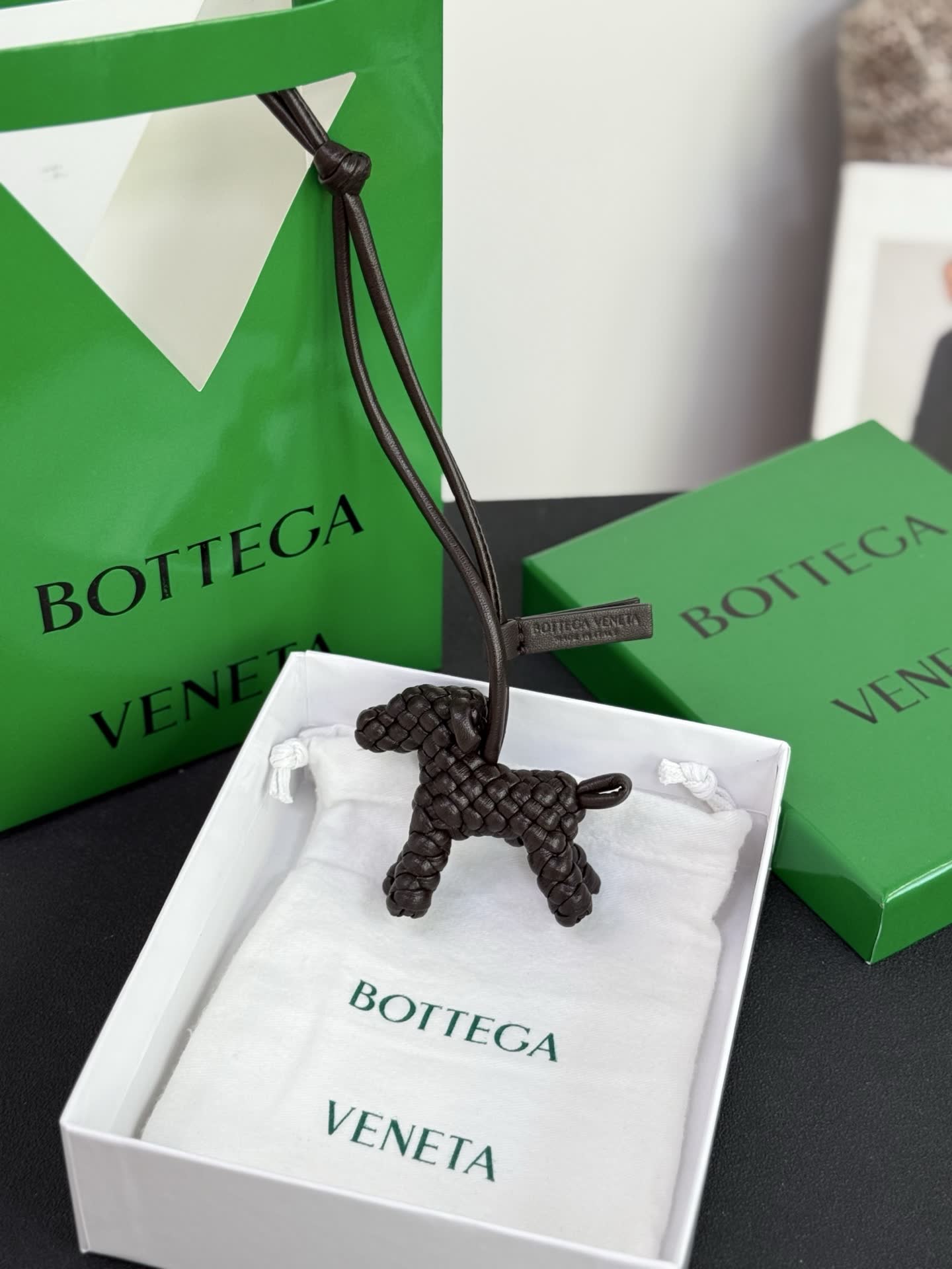Bottega Veneta Black Leather Dog Charm